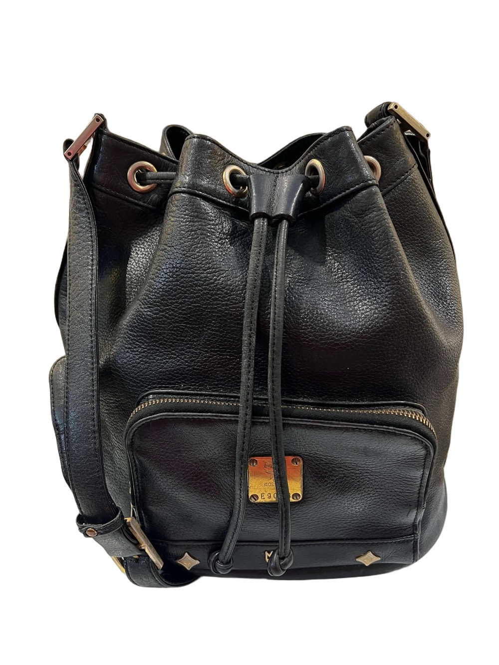 MCM Black Leather Drawstring Shoulder Bucket Bag with COA.